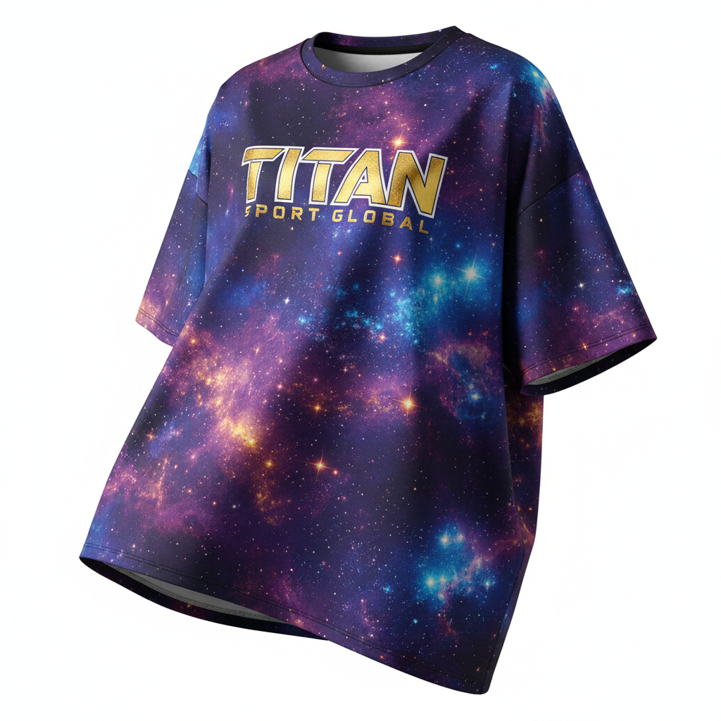Oversized crewneck tee with cosmic nebula print, featuring "TITAN SPORT GLOBAL" in gold lettering on a purple base.