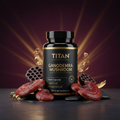 Black bottle of TITAN Ganoderma Mushroom capsules with red Reishi, lotus pods, and stones on a dark, gold-lit background.