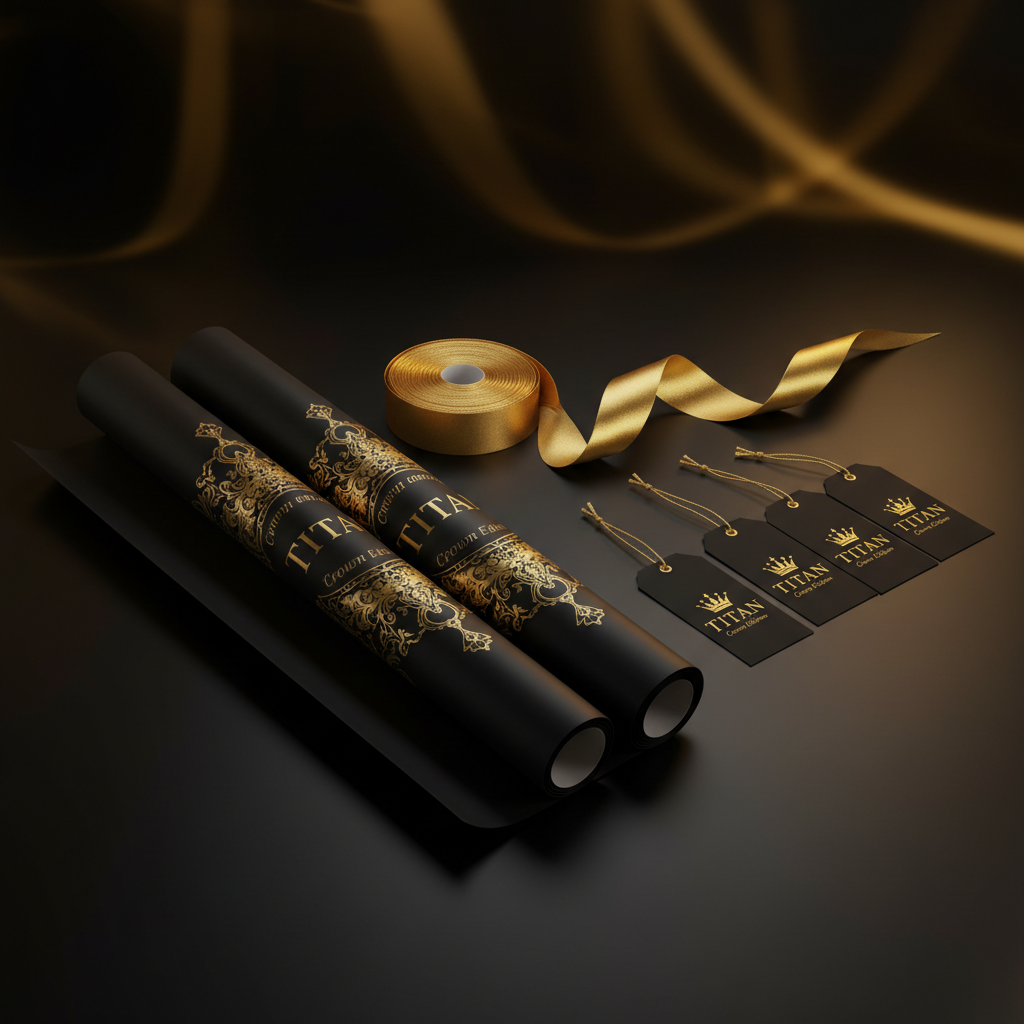 TITAN premium gift wrap set with black rolls, ornate gold print, metallic ribbon, and four branded black gift tags.