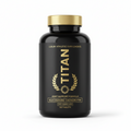Black supplement bottle with gold lid, "TITAN" logo, wheat wreath, and "Glucosamine Chondroitin" label in gold text.