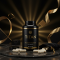 Black TITAN Glucosamine Chondroitin bottle with gold text, 90 capsules on marble, gold ribbons, black velvet bag.