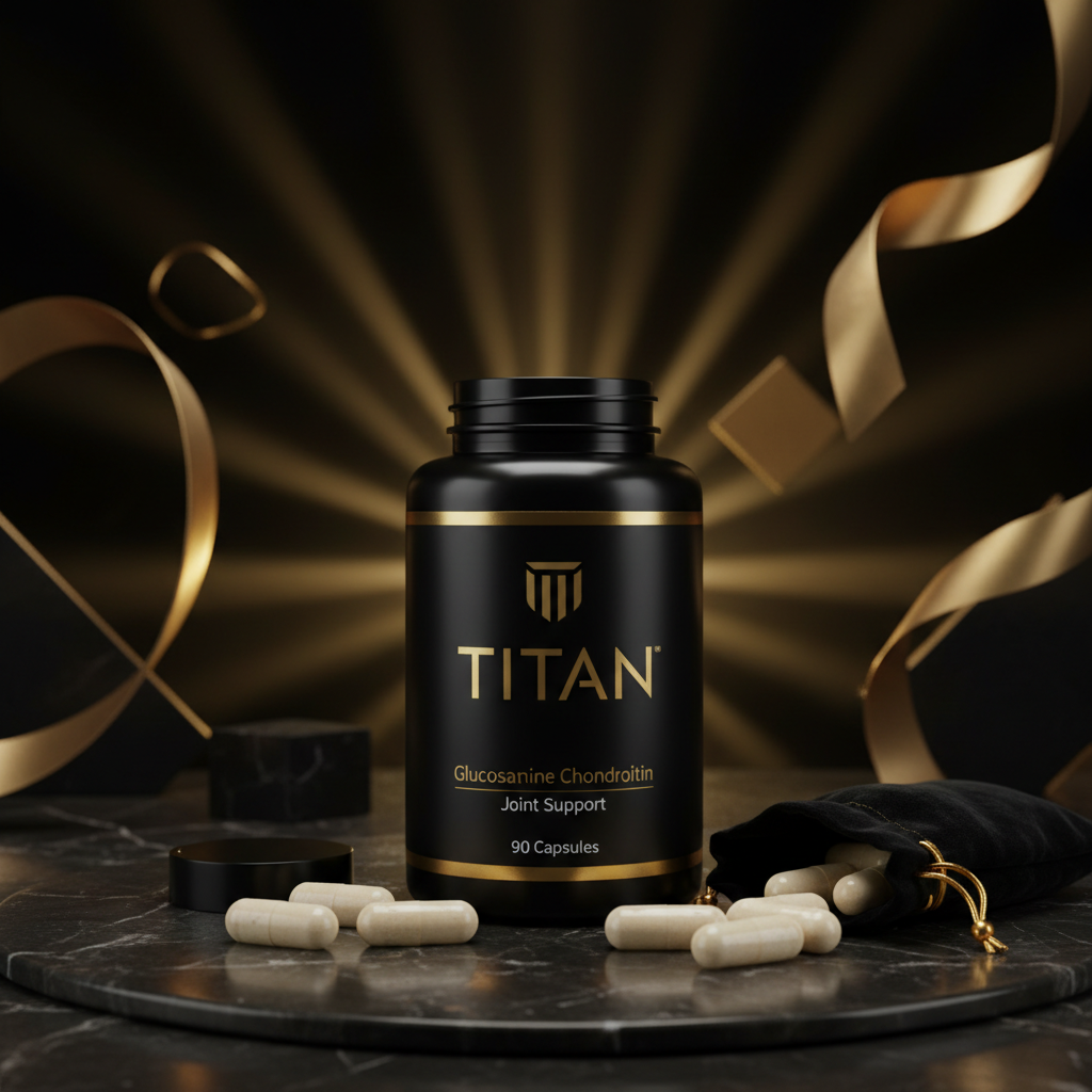 Black TITAN Glucosamine Chondroitin bottle with gold text, 90 capsules on marble, gold ribbons, black velvet bag.