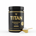 Black container with gold TITAN logo and Glutamine Powder text, 60 servings, plus a gold scoop with white powder.
