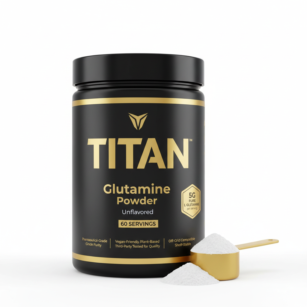 Black container with gold TITAN logo and Glutamine Powder text, 60 servings, plus a gold scoop with white powder.