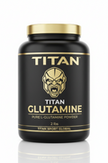 Black 2lb tub of TITAN Glutamine powder with gold text, branding, and a golden gladiator mask logo and lid.