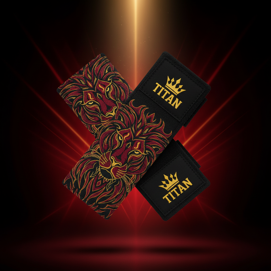 TITAN Gold & Crimson Tribal Lion Wrist Wraps — Crown Edition 18"