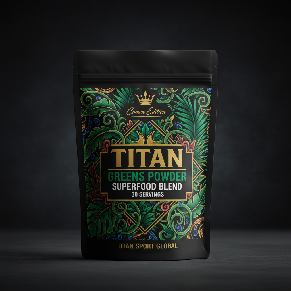 TITAN Greens Powder pouch in black with ornate green tropical foliage, gold crown logo, and bold white text.