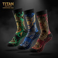 TITAN 3-pack non-slip grip socks in green, blue, and red with gold lion, crown, and crest designs on black fabric.