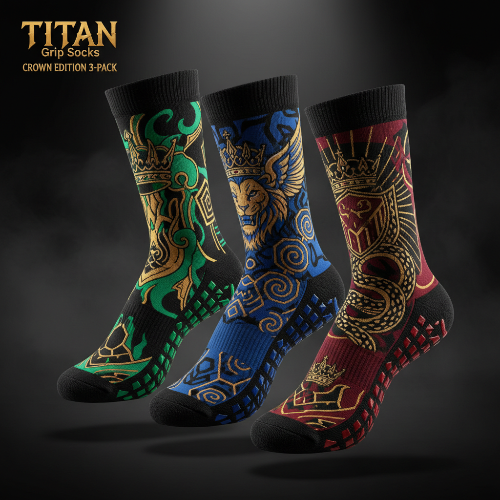 TITAN 3-pack non-slip grip socks in green, blue, and red with gold lion, crown, and crest designs on black fabric.