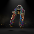 Black Titan grip strengthener featuring vibrant lion and queen tattoo-style art, gold spring, and textured ends.