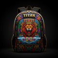 TITAN backpack with vibrant, ornate lion-king artwork, colorful tribal patterns, gold zippers, and black accents.