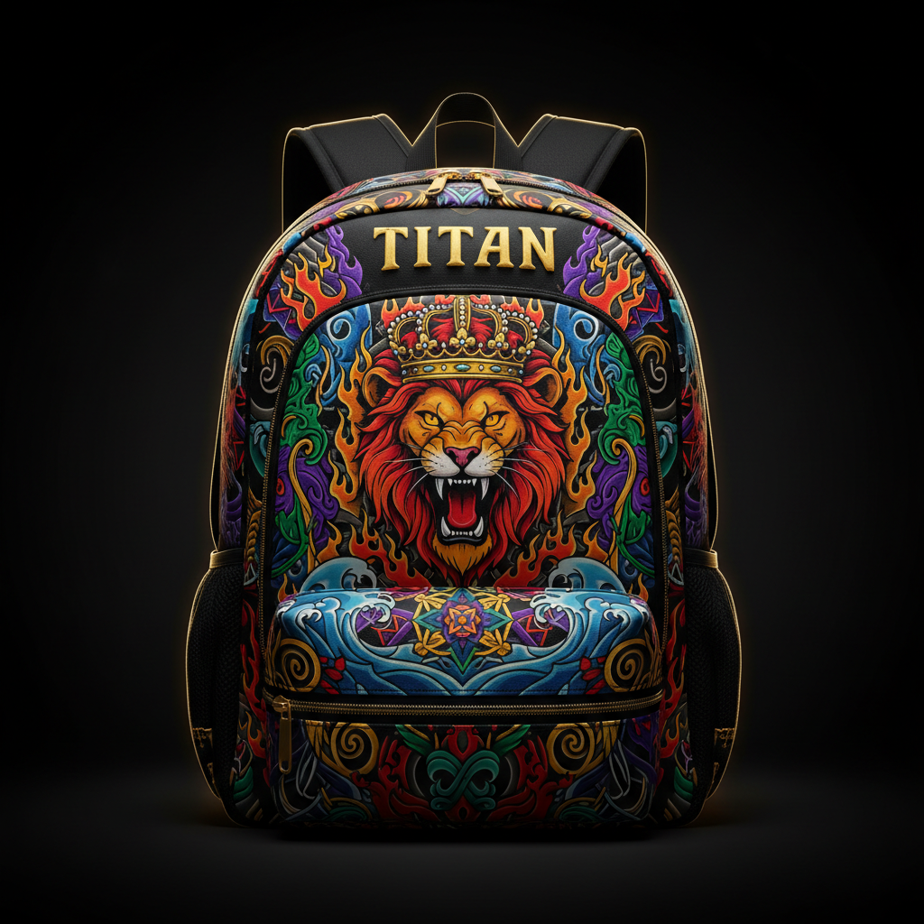 TITAN backpack with vibrant, ornate lion-king artwork, colorful tribal patterns, gold zippers, and black accents.