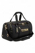 Black 40L TITAN duffel gym bag with gold logo, matching gold zippers, hardware, and a branded luggage tag.
