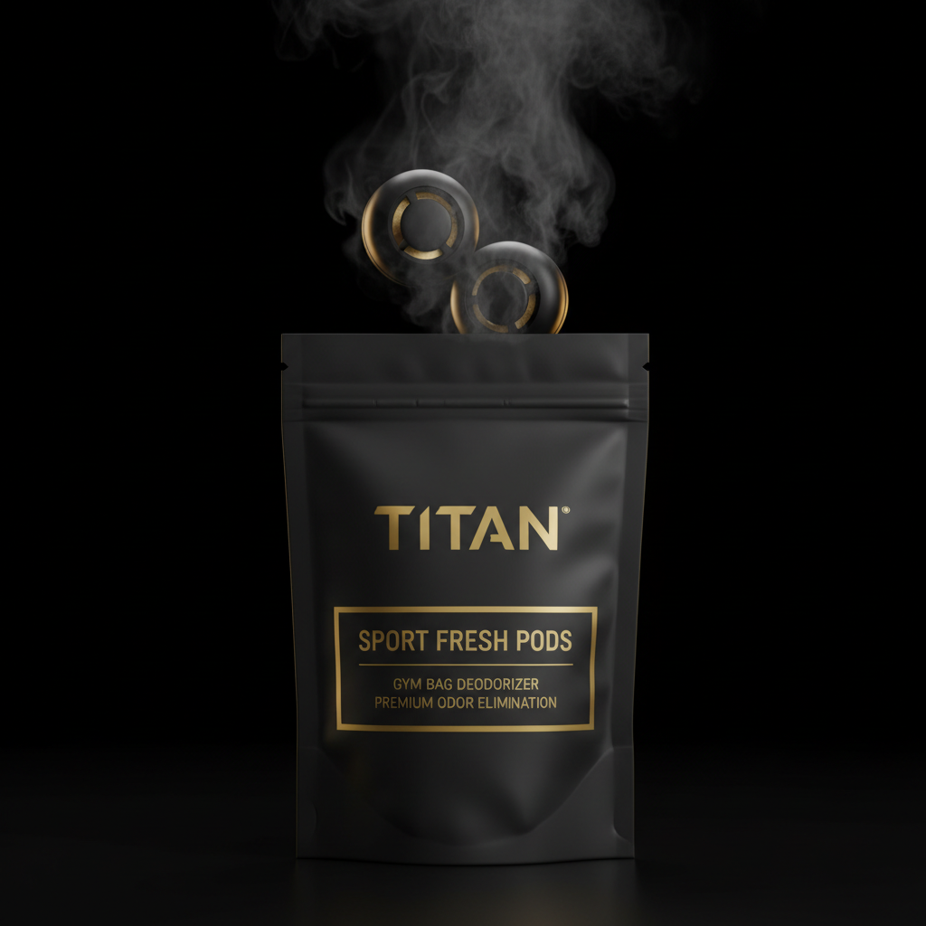 Black TITAN Sport Fresh Pods pouch with gold text and two round, steaming black and gold pods floating above.