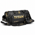 Black 40L waterproof Titan duffel bag with gold logo, side shoe compartment, wet/dry pocket, and gold hardware.
