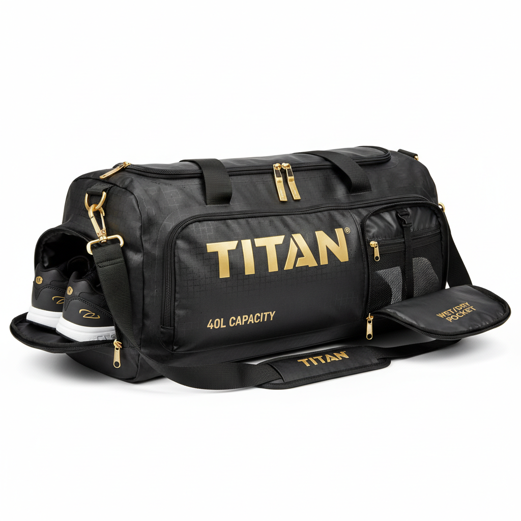 Black 40L waterproof Titan duffel bag with gold logo, side shoe compartment, wet/dry pocket, and gold hardware.