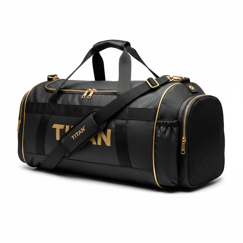 Black TITAN gym duffel bag with gold accents, prominent gold branding, top handles, and a shoulder strap.
