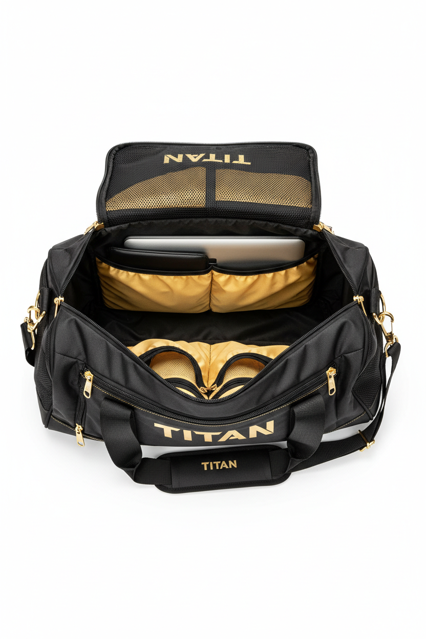 Open black TITAN Duffel Pro gym bag with gold interior, laptop compartment, mesh pockets, and gold logo accents.