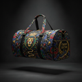 TITAN Crown Edition duffel with colorful lion, dumbbell, and trophy print on black, featuring a shoe compartment.