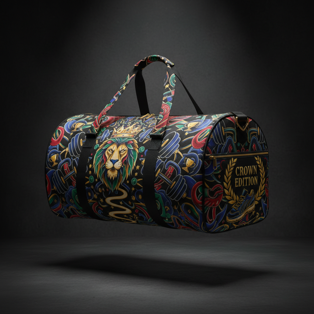 TITAN Crown Edition duffel with colorful lion, dumbbell, and trophy print on black, featuring a shoe compartment.