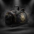 Black athletic duffel bag with gold zippers and a crowned lion logo, featuring textured base and shoulder strap.