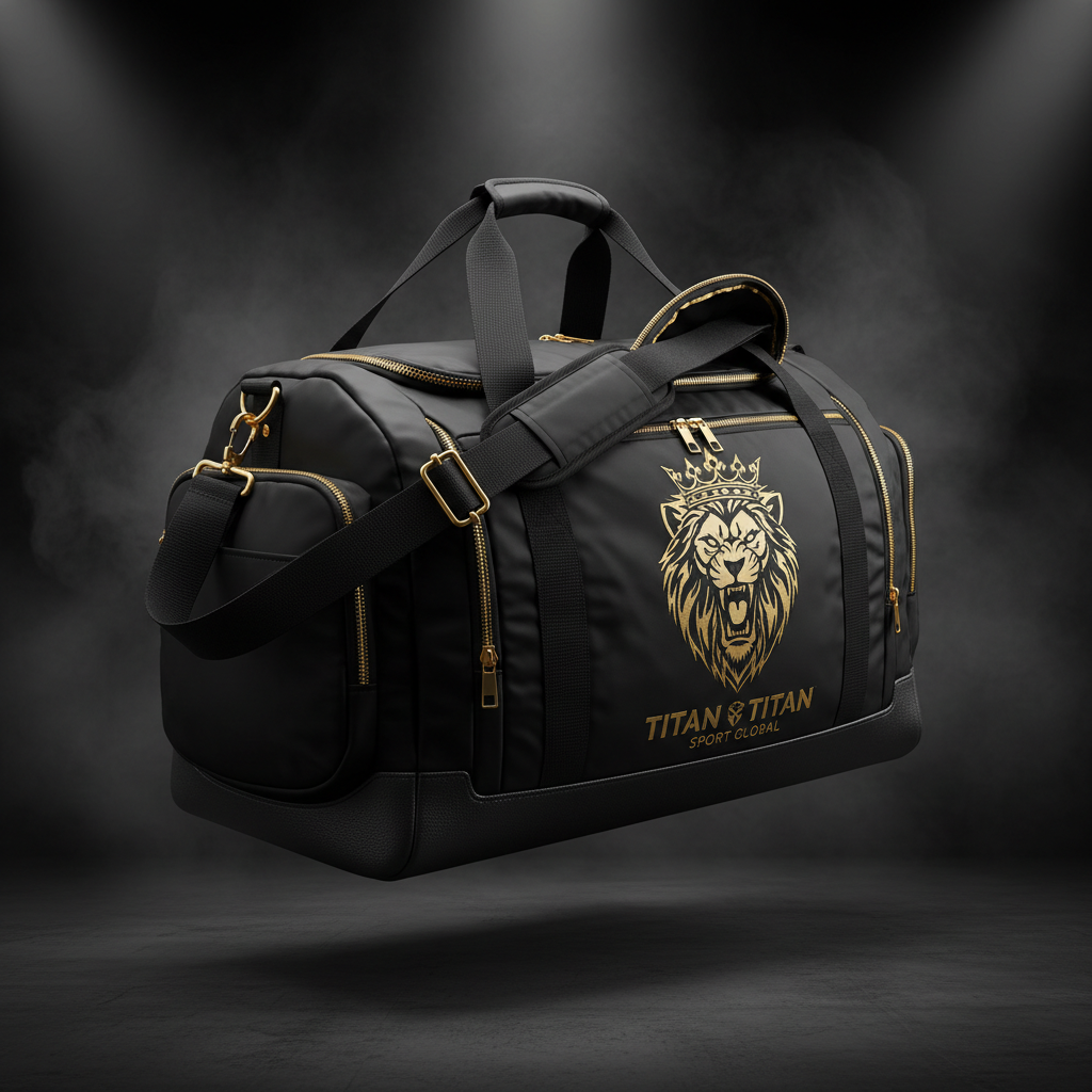 Black athletic duffel bag with gold zippers and a crowned lion logo, featuring textured base and shoulder strap.