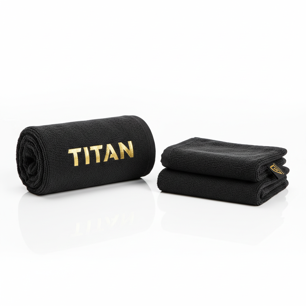 Black XL gym towel by TITAN with metallic gold logo, featuring one rolled towel and one folded on a white surface.