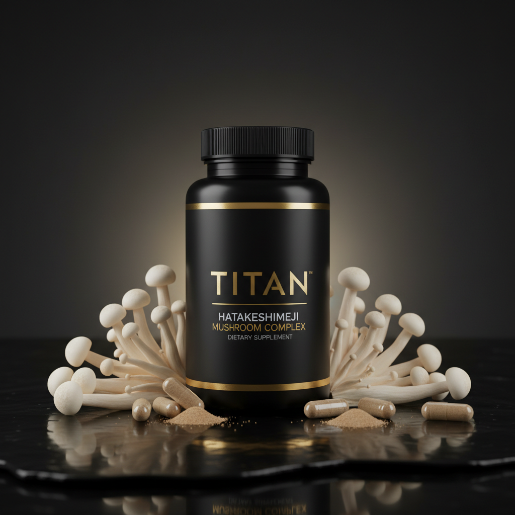 TITAN Hatakeshimeji supplement bottle, black with gold text, surrounded by white mushrooms and capsules on black surface.