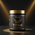 Black jar of Titan High-Protein Peanut Butter with gold lid, logo, and peanut graphics under glowing spotlights.