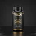 Black supplement bottle with gold label featuring a mushroom icon, TITAN branding, and text on a dark surface.