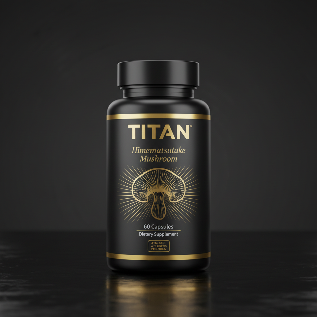 Black supplement bottle with gold label featuring a mushroom icon, TITAN branding, and text on a dark surface.