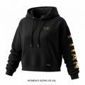 Black cropped hoodie featuring a metallic gold chest logo, sleeve text, drawcord tips, and a small hem tag.