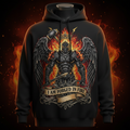 Black hoodie featuring a winged warrior, crown, and hammer graphic with the motivational text "I AM FORGED IN FIRE."