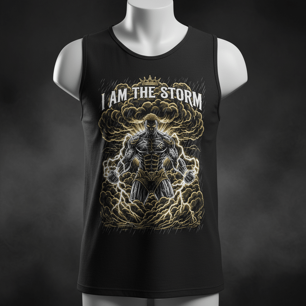 Black tank top featuring a muscular figure in a storm, crown icon, and "I AM THE STORM" text.