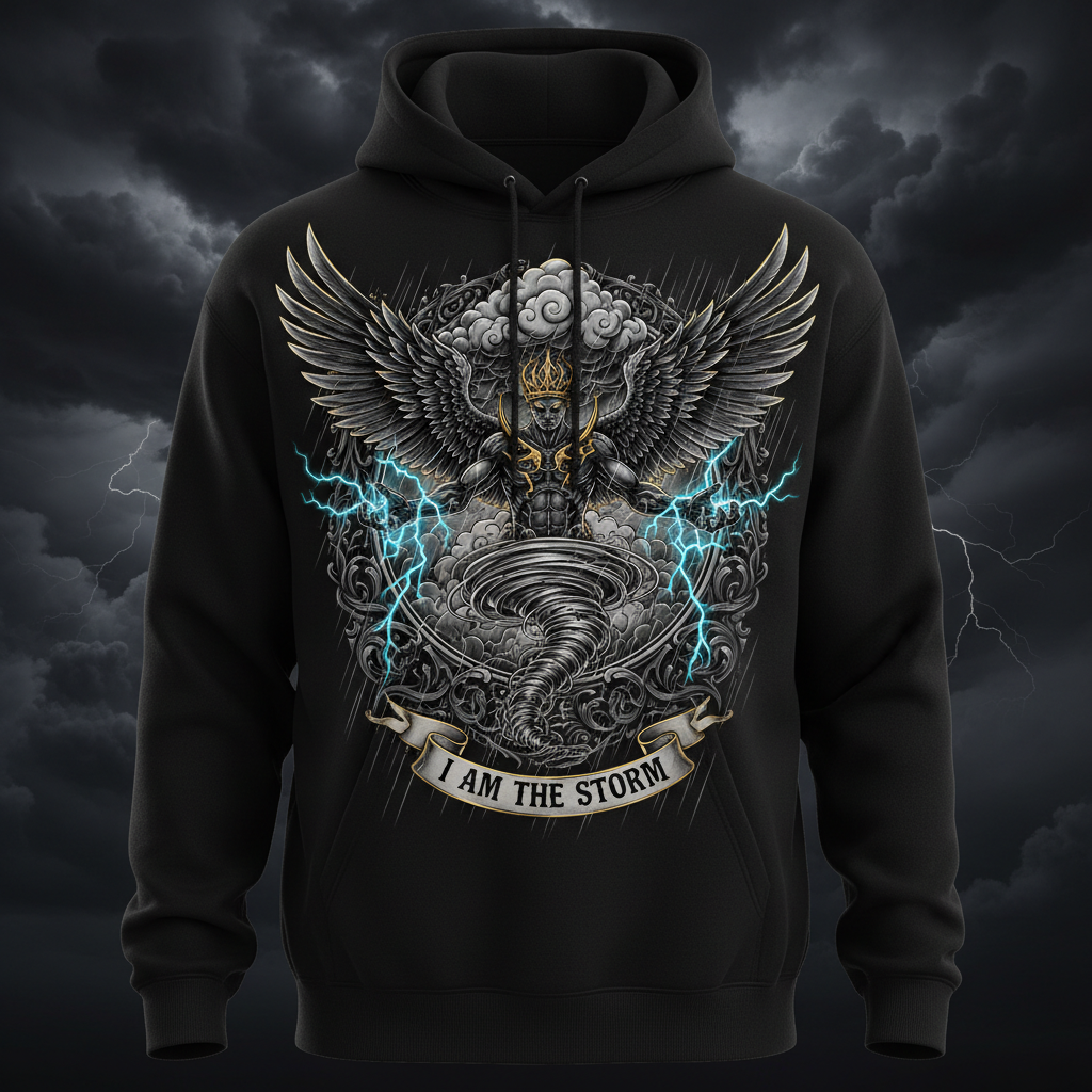 Black hoodie featuring a winged figure, lightning, a tornado, and the motivational text "I AM THE STORM."