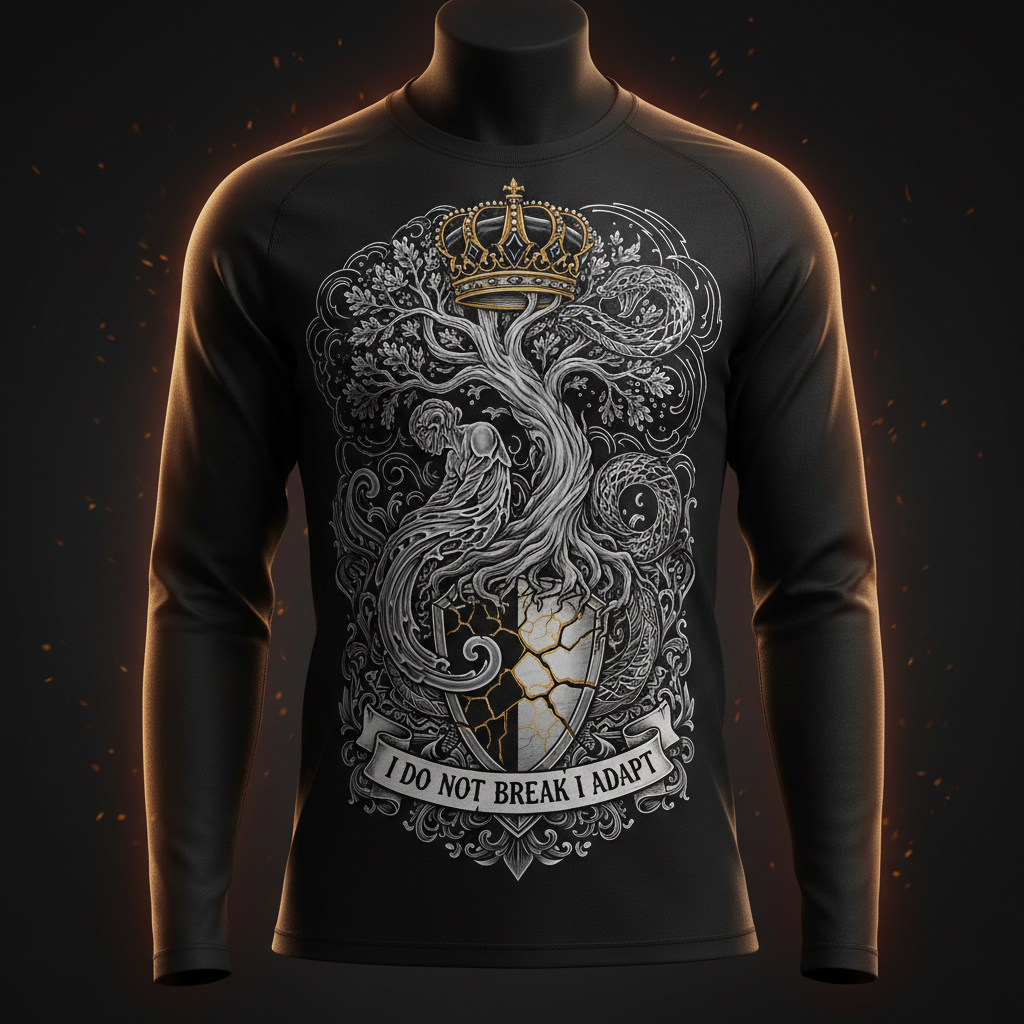 Black long-sleeve shirt featuring a crown, tree, and shield graphic with the motivational text: "I DO NOT BREAK I ADAPT."