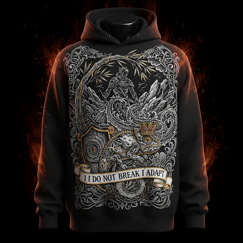 Black hoodie featuring a kingly chameleon, warrior, and "I Do Not Break I Adapt" text against a fiery background.