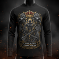 Black long-sleeve shirt featuring a bodybuilder, crown, dumbbells, and "I Train So They Cannot Stop Me" text.