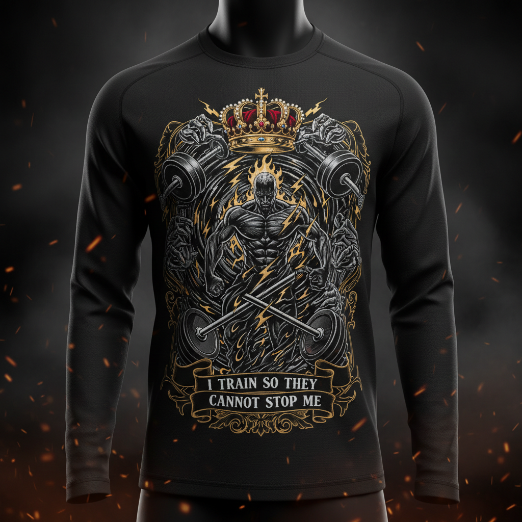 Black long-sleeve shirt featuring a bodybuilder, crown, dumbbells, and "I Train So They Cannot Stop Me" text.