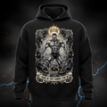 Black hoodie with a muscular king lifting weights, crown graphic, and text: "I train so they cannot stop me."