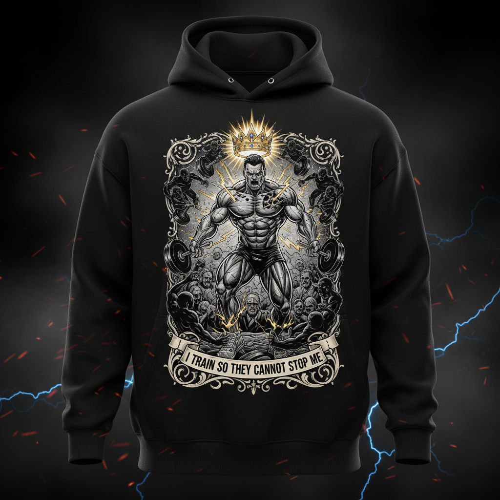 Black hoodie with a muscular king lifting weights, crown graphic, and text: "I train so they cannot stop me."