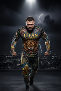 Titan Sport long-sleeve shirt and pants with roaring lion graphic, crown motif, and "I Win Or Learn" motivational text.