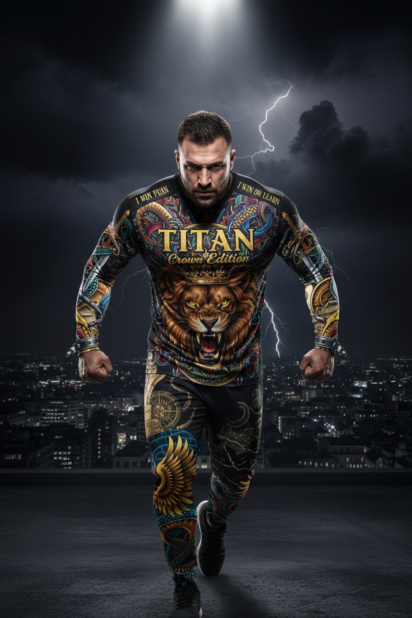 Titan Sport long-sleeve shirt and pants with roaring lion graphic, crown motif, and "I Win Or Learn" motivational text.