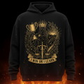 Black hoodie with gold graphic of a king holding a trophy, book, and sword. Text reads: "I WIN OR I LEARN."