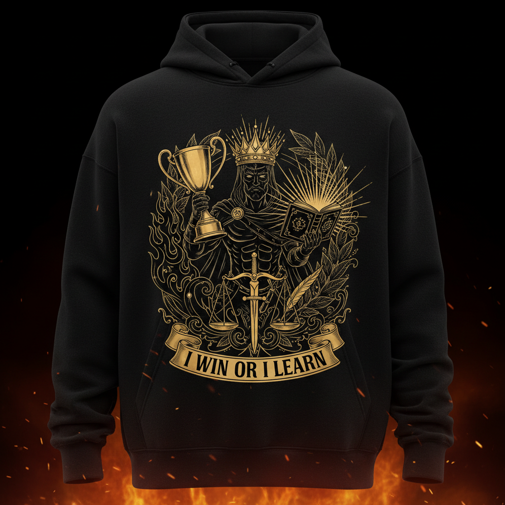 Black hoodie with gold graphic of a king holding a trophy, book, and sword. Text reads: "I WIN OR I LEARN."