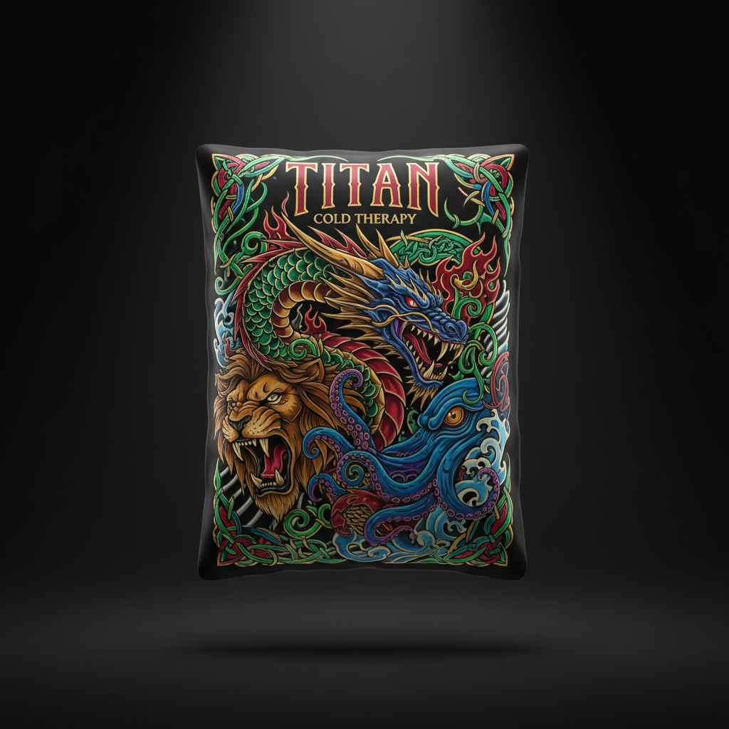TITAN reusable ice pack featuring a colorful, intricate illustration of a dragon, lion, and octopus on a black base.