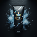 Black tube of TITAN Ice Therapy Recovery Gel with an iridescent crown logo, surrounded by frosty mist and ice flakes.