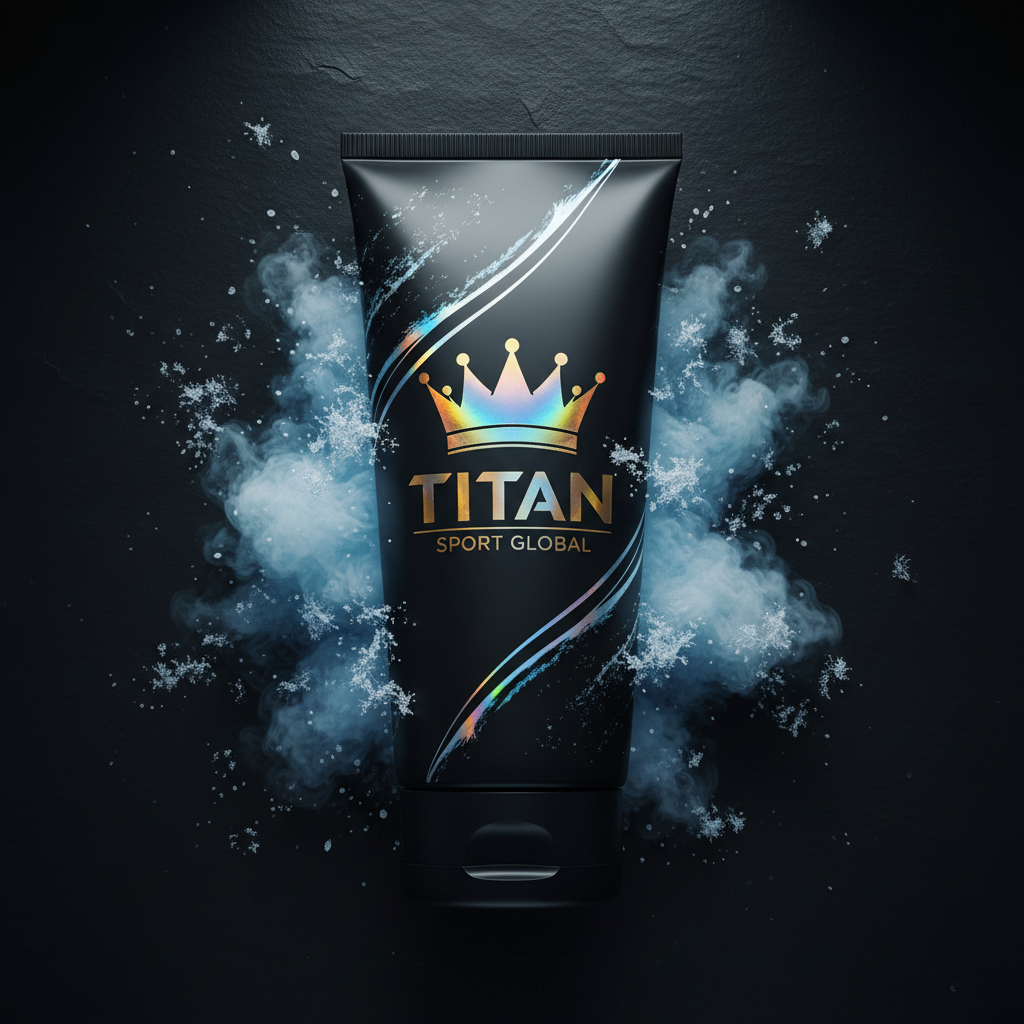 Black tube of TITAN Ice Therapy Recovery Gel with an iridescent crown logo, surrounded by frosty mist and ice flakes.