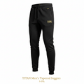 Men's black tapered joggers with drawstring waist, side zip pockets, and gold TITAN branding patches.