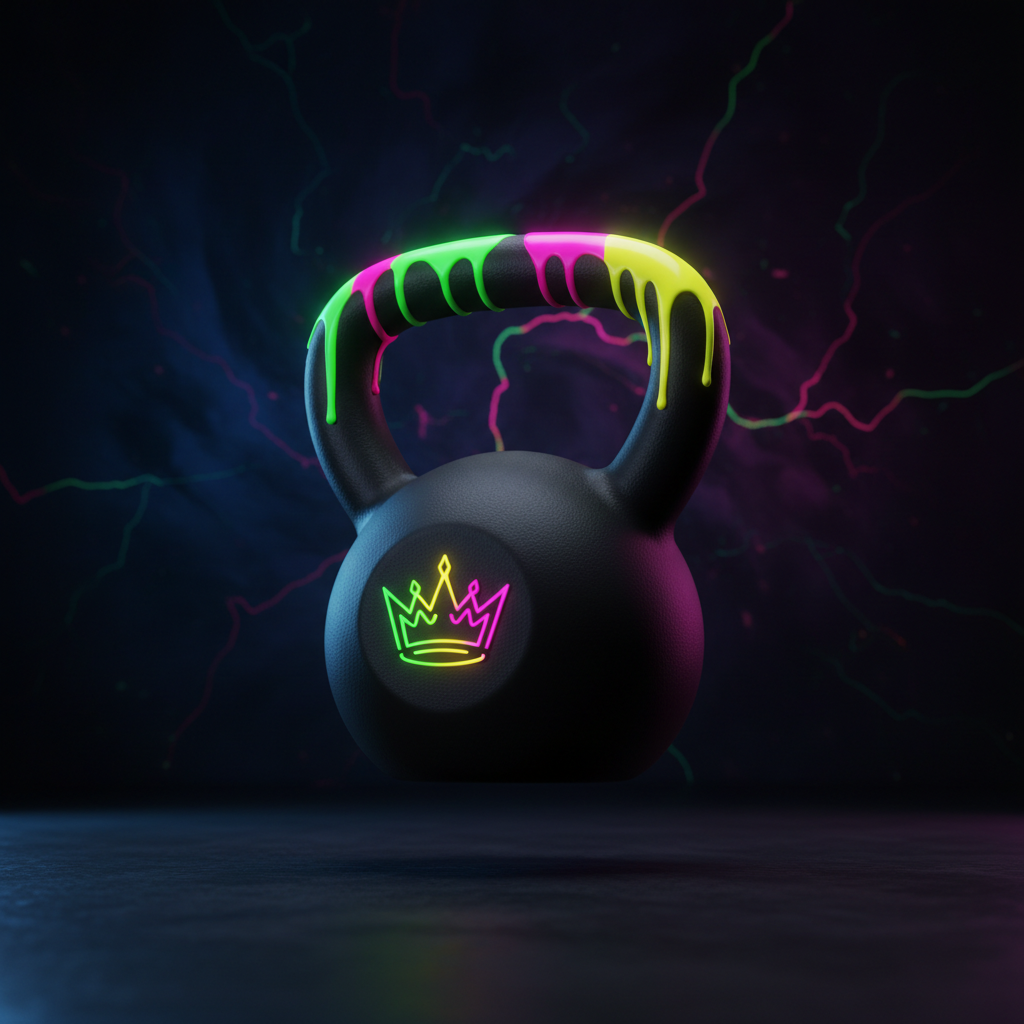 Black kettlebell with neon-dripping handle and glowing gradient crown logo against a dark electric-pattern background.